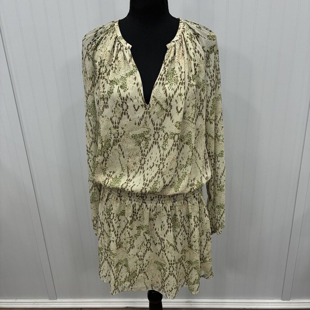 Ramy Brook New York Medium Green Snake Print Long Sleeve Smocked Mini Dress Chic